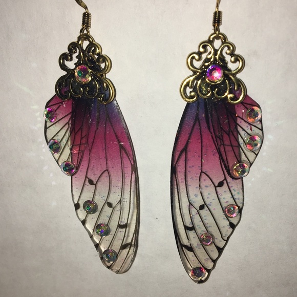 Butterfly Wing Fairy Earrings Gold Jeweled - Picture 5 of 8